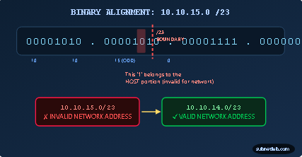 Binary breakdown: why 10.10.15.0/23 is invalid and 10.10.14.0/23 is the correct network